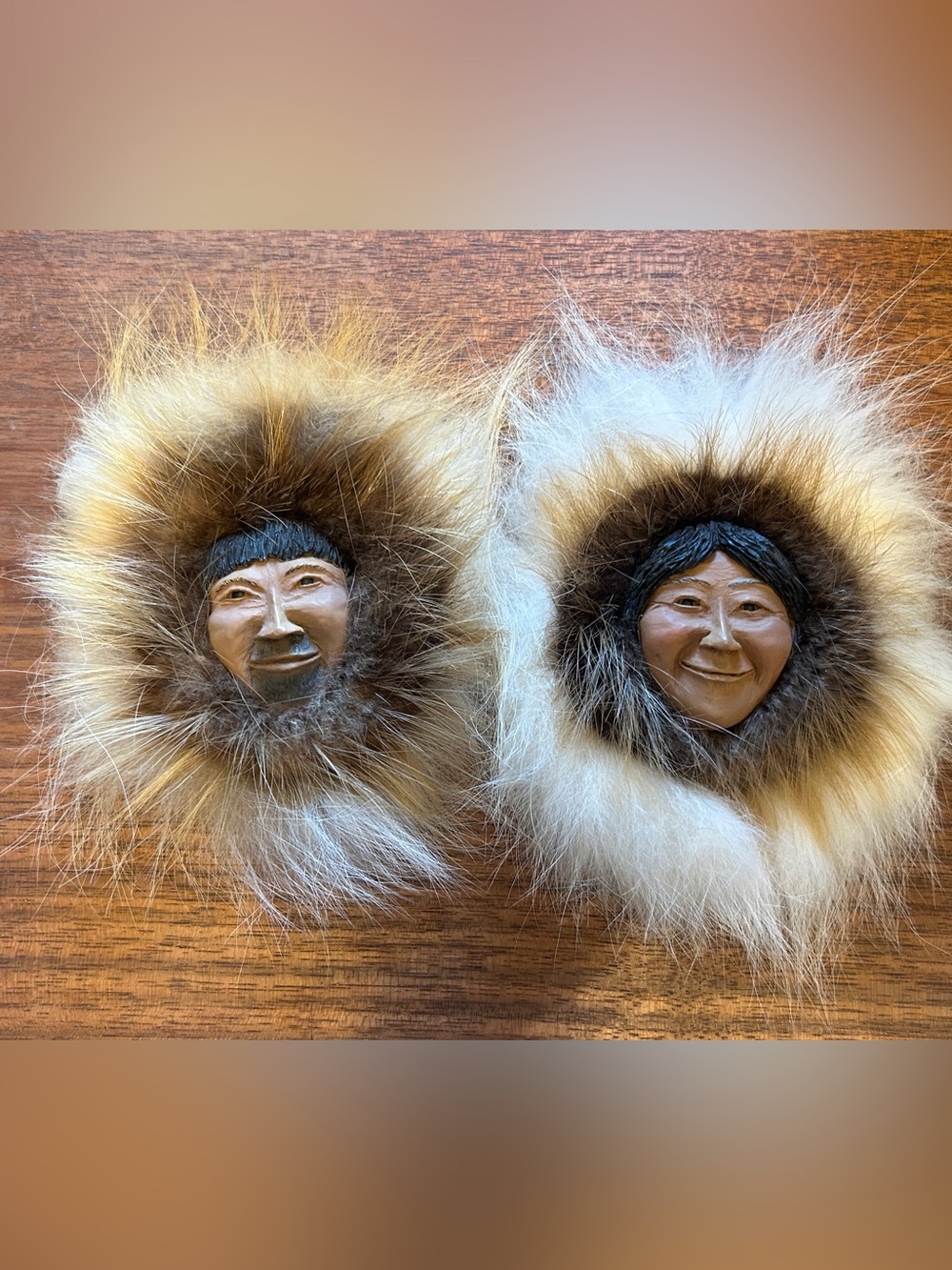 Yupik Art Eskimo Elders Face handcrafted By Wayne Kemp Beaver & Red Fox Furs  6"
